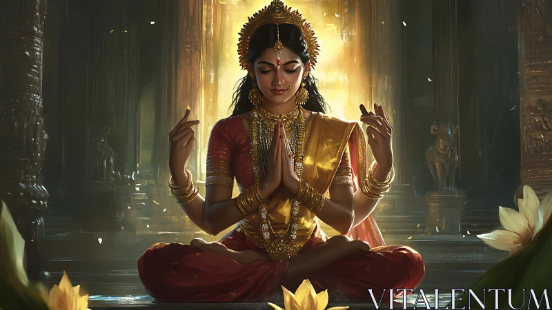 Divine Indian goddess meditating in golden temple light.