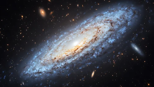 Spiral galaxy with luminous core and star field in space.