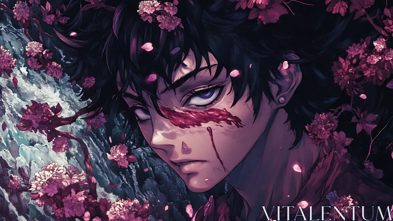 Melancholic anime boy bleeds beneath drifting cherry petals.