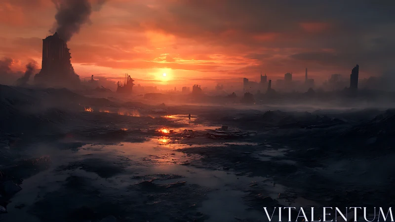 Lonely wanderer crosses a glowing sunset wasteland horizon.