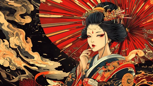 Digital ukiyo-e geisha portrait with ornate parasol composition.