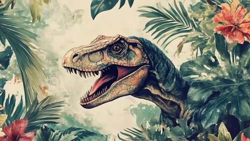 Side-profile dinosaur head amid dense tropical foliage.