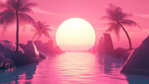 Neon tropical sunset over reflective pink ocean lagoon.