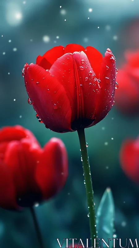 Red tulip with water droplets against teal background.