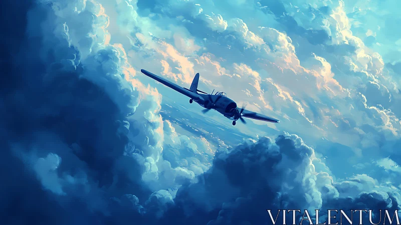 Single propeller aircraft traverses dense illuminated cloud field