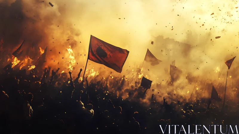 Riot crowd surges under burning flags through dense smoke