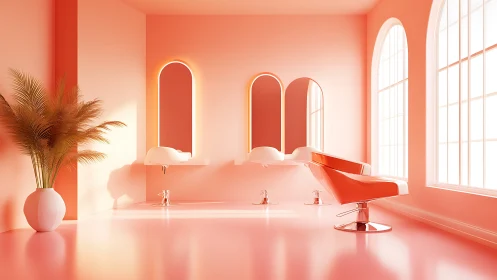 Minimal peach salon interior with chairs and mirrors.