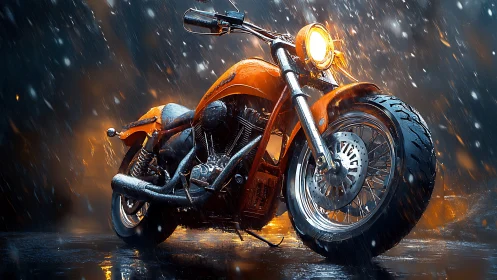 Stormlit orange cruiser growls through rain and molten reflections