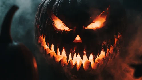 Menacing jack-o&rsquo;-lantern glows through eerie Halloween fog