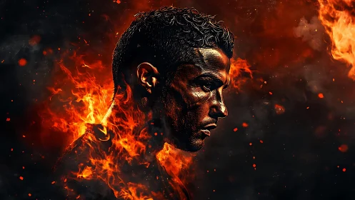 Incandescent male profile portrait engulfed in dynamic flames