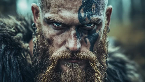 Warpainted viking glare carving fury through cold mist.