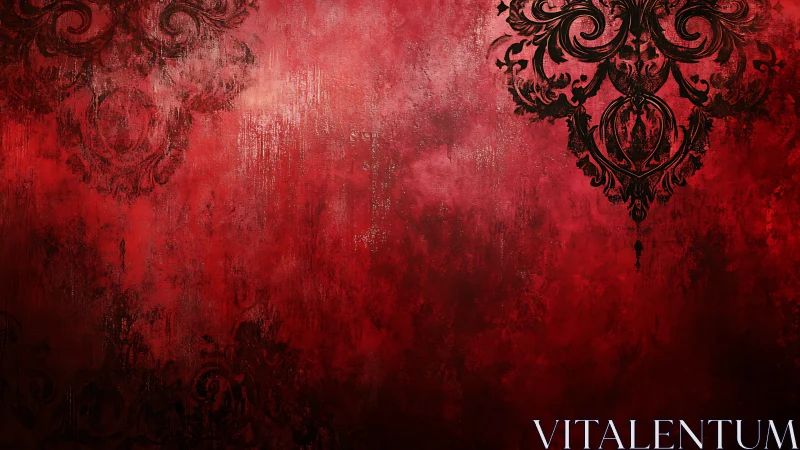 Red textured background with dark ornamental corner motifs.