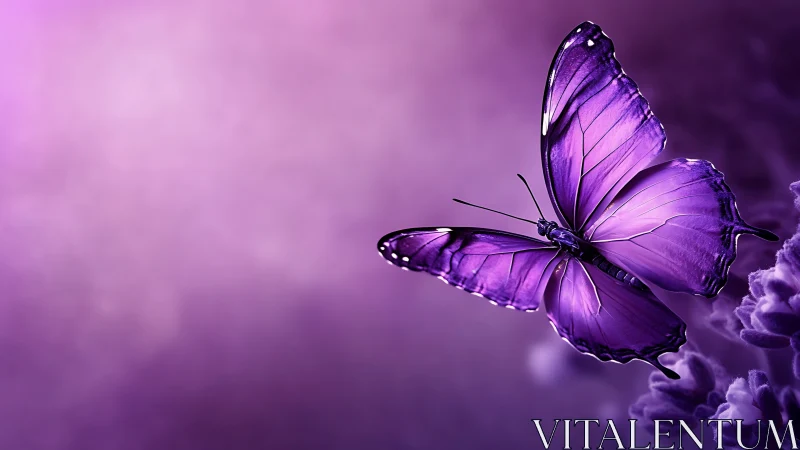 Violet wings drift through amethyst dawn and quiet bloom.