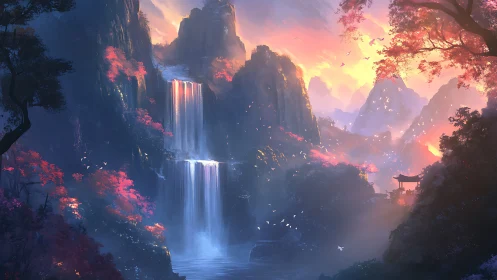 Digital painting of a misty twin waterfall valley at sunrise.