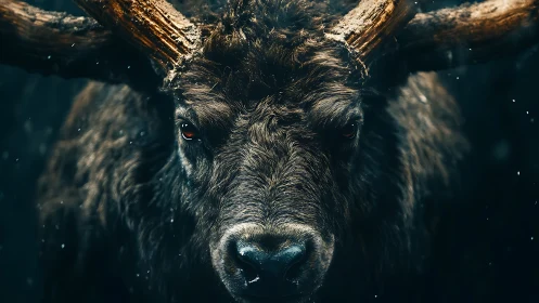 Storm-eyed forest bison locks horns with the falling night