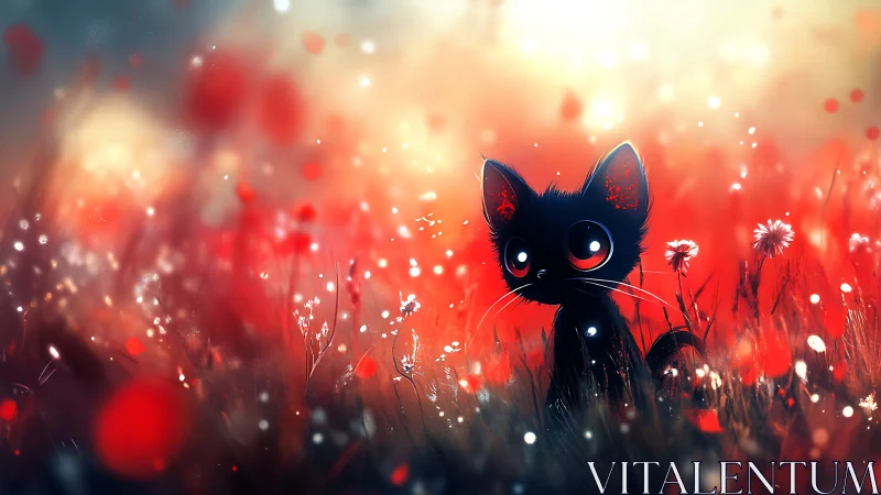 Black cat with glowing eyes stands in red poppy field.