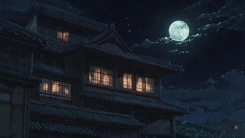 Moonlit wooden inn glowing softly under a quiet night sky.