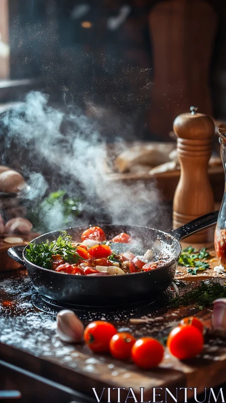 Skillet cooks tomatoes, garlic and herbs on rustic wooden counter
