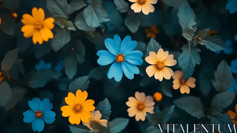 Blue and Golden Cosmos Blooms in Twilight Garden