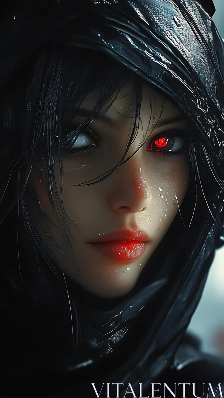 Mysterious rain‑kissed girl with glowing crimson gaze.
