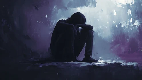 Solitary figure sits in shadowed void under cold violet light