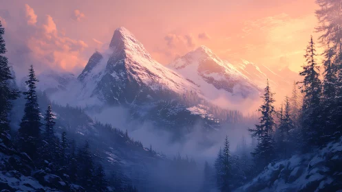 Digital painting of alpine peaks in luminous sunset atmosphere.
