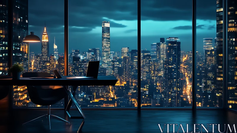 Twilight Manhattan Skyline: Dusk Urban Landscape with Elevated Workspace Silhouette