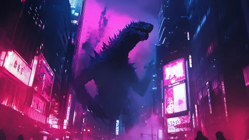 Neon kaiju towering over cyberpunk city canyon at night.