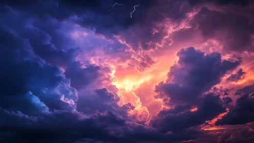 Storm clouds frame intense sunset light with subtle lightning