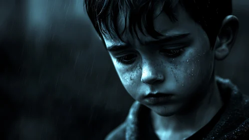 Quiet boy in the rain holding unspoken blue-tinted sorrows.