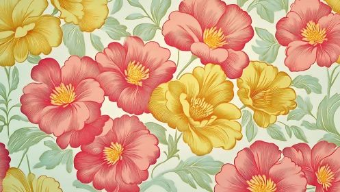 Botanical Floral Composition with Pink and Golden Peonies.