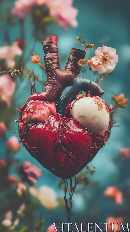 Anatomical heart with botanical elements composition.
