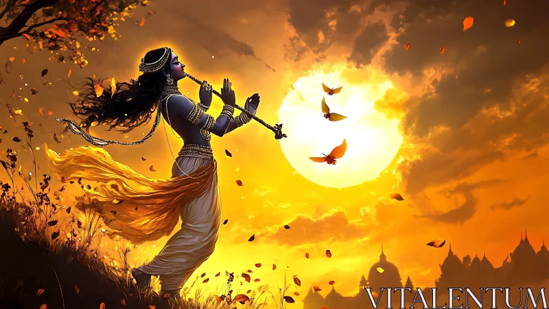 Silhouetted flute player before large sun and distant temples.