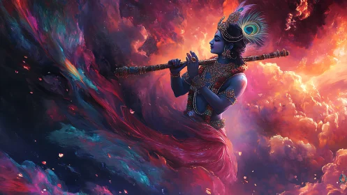 Divine blue-skinned figure plays flute amid swirling nebula