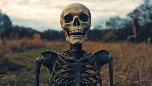 Gentle skeleton guardian smiling over a quiet autumn field.