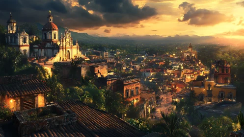 Sunset over colonial town with domed hilltop cathedral.