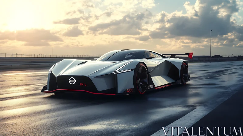 Futuristic concept hypercar accelerates across wet racetrack at dusk