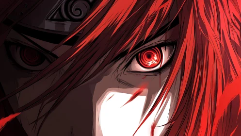 Close crop of red-eyed anime character with headband.