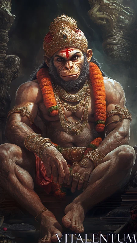 Garlanded monkey king resting in jeweled temple calm.