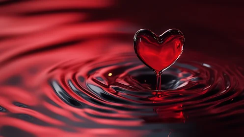 Red Heart-Shaped Droplet Suspended Above Liquid Ripples.