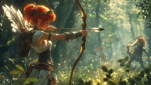Forest archer draws a poised arrow in golden woodland light