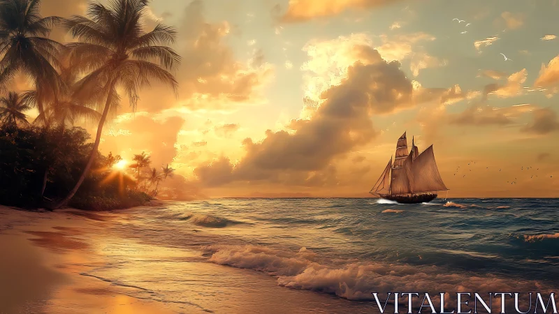 Golden sunset welcomes a calm sailing ship along palm shores