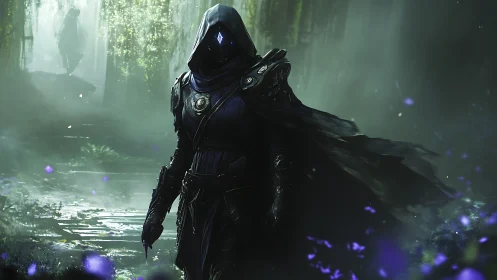 Hooded void knight strides through a misty enchanted forest