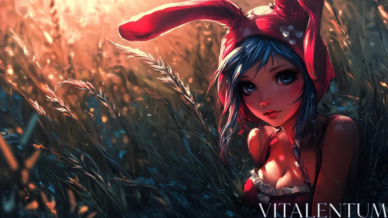 Blue haired bunny ear girl in glowing sunset field.