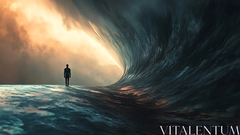 Solitary figure assesses colossal curling wave under dynamic light