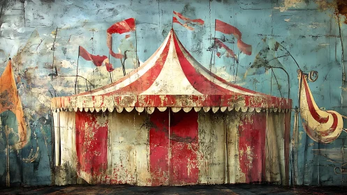 Weathered red and white circus tent against blue wall.