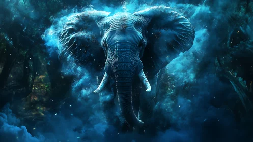 Mystic blue elephant emerging from swirling forest mist.