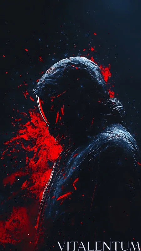 Hooded silhouette against red cosmic splatter field.