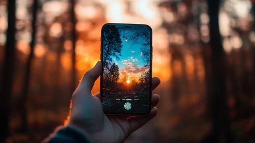 Sunset framed by a phone screen in a quiet glowing forest.