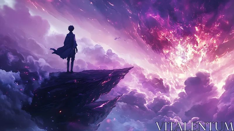 Silhouetted figure observes luminous cosmic rupture above clouds